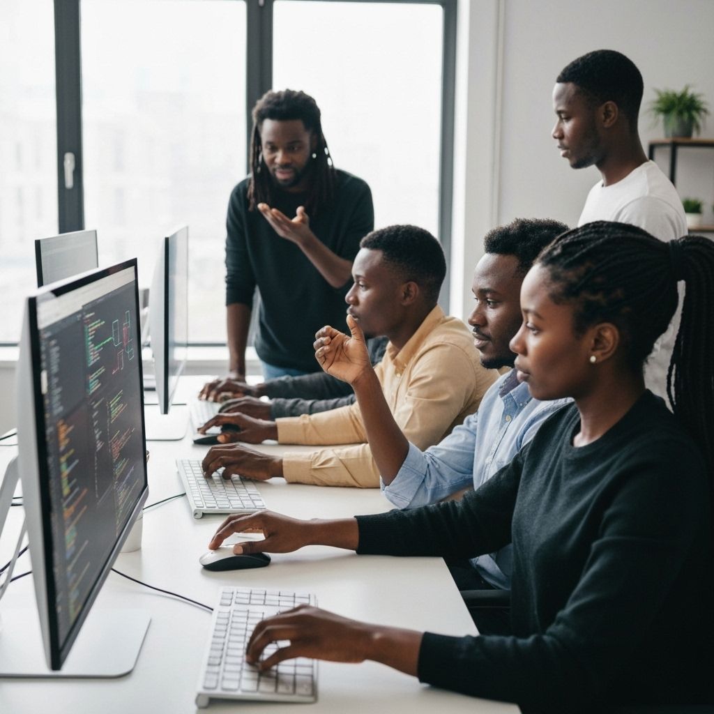 Professional IT team collaborating in a modern office environment
